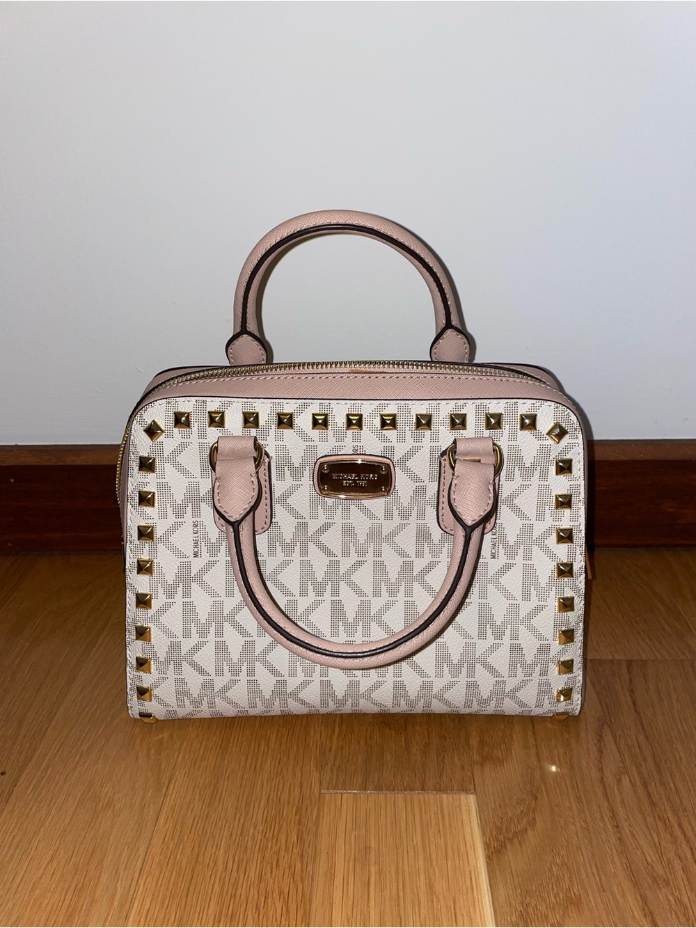 Michael Kors White and Pink MK Logo Studded Satchel